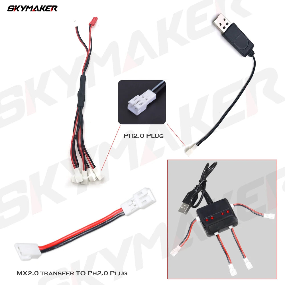 Lipo Battery 1s 3.7v USB Charger Cable JST MX2.0 SM-2P For S