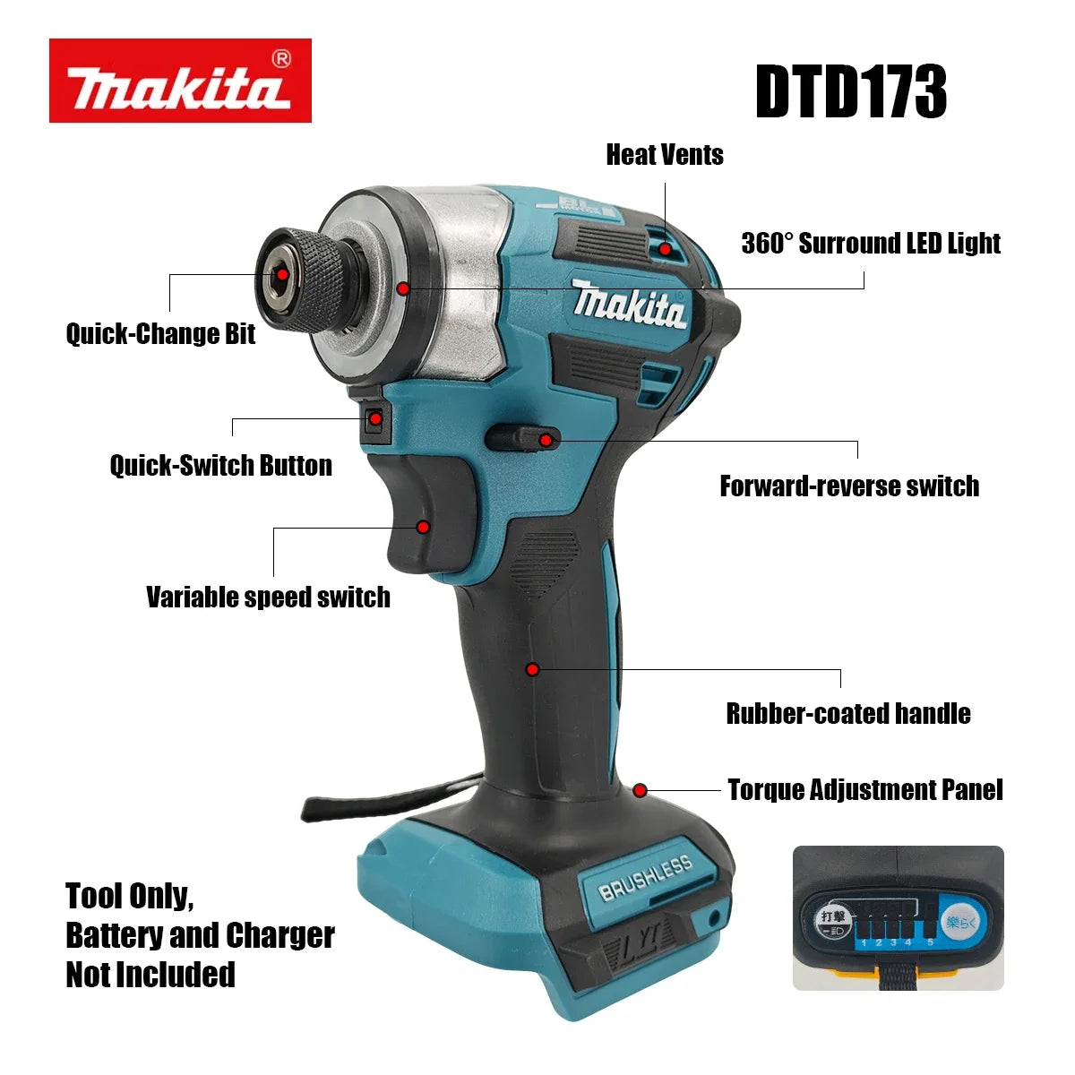 Makita DTD173 Bule 18v Brushless Lithium-ion Impact Driver P