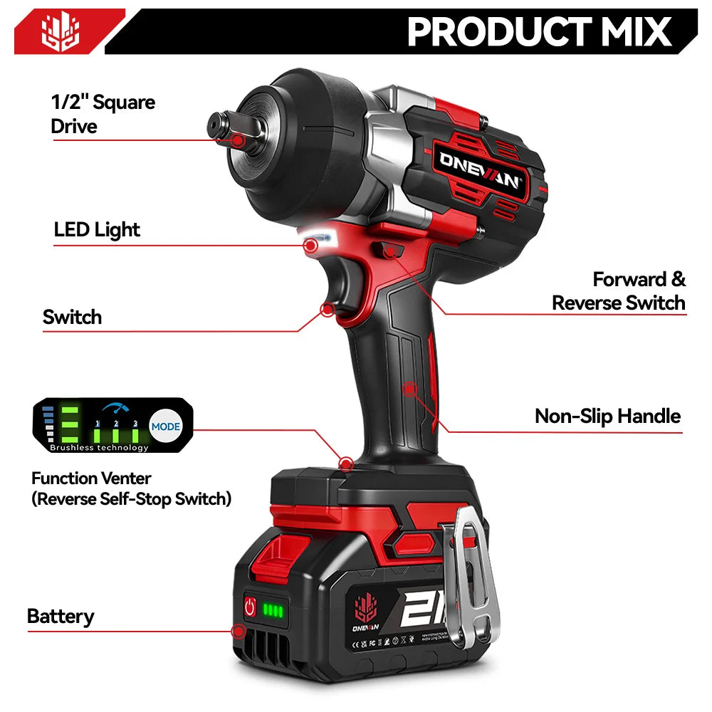 ONEVAN 8000RPM 2800N.M Brushless Electric Impact Wrench Cord