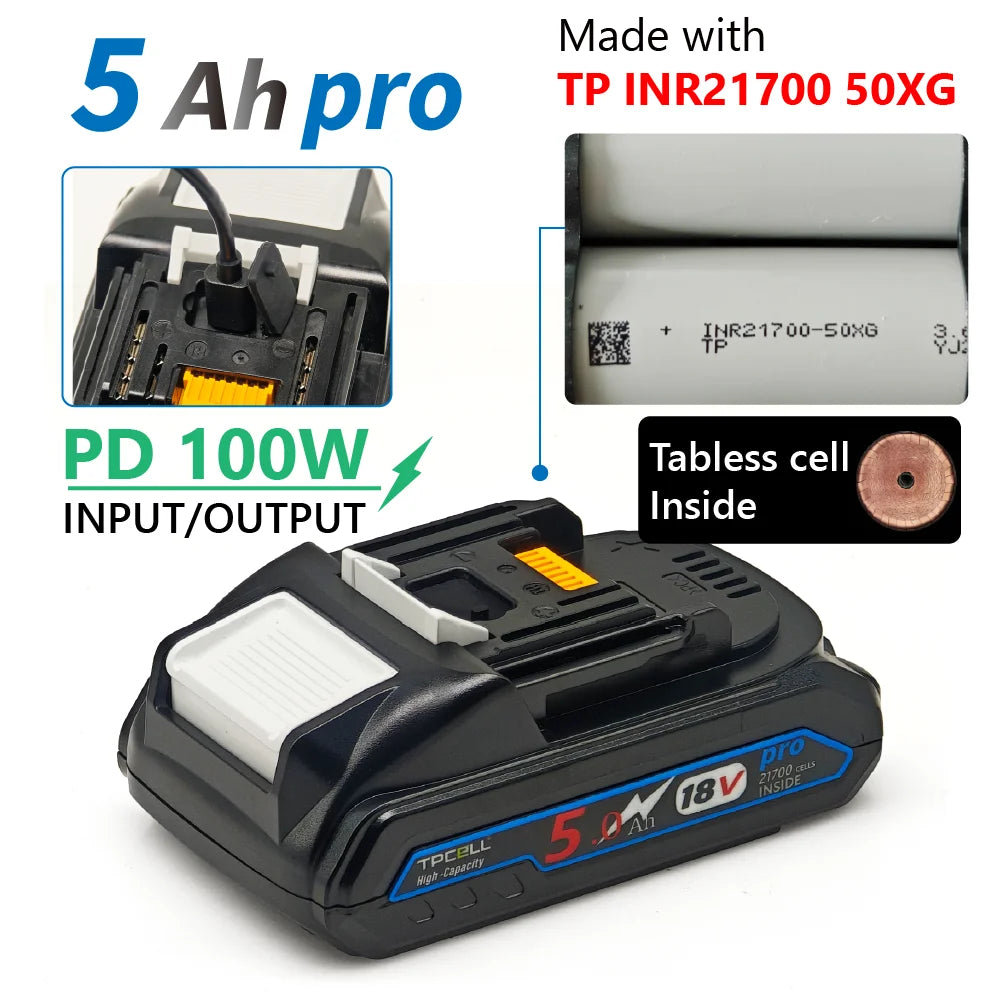 TPCELL PD100W 4/5Ah For MKT 18V 21700 Tabless cells Replacement Battery Power Tools Li-ion