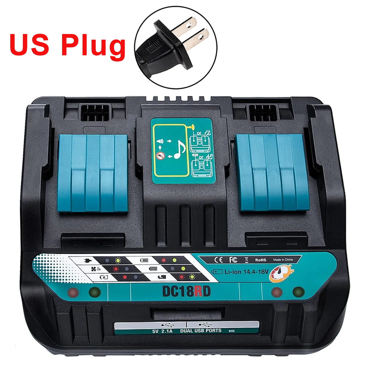 Dual Ports Lithium Battery Charger for Makita 14.4V-18V LXT Fast Charging Power Tool DC18RD