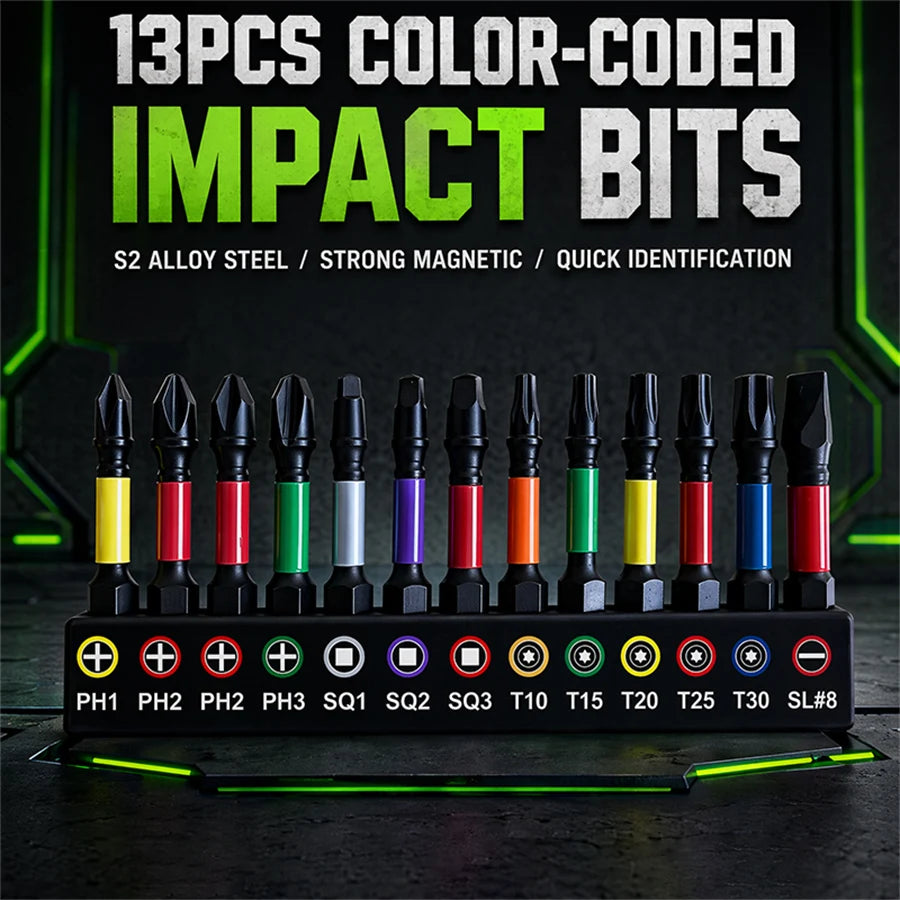 13PCS Impact Phillipes/Square/Slotted Screwdriver Bits Set 2 Magnetic S2 Steel Bits Set Color Coded Base Drill bit accessories
