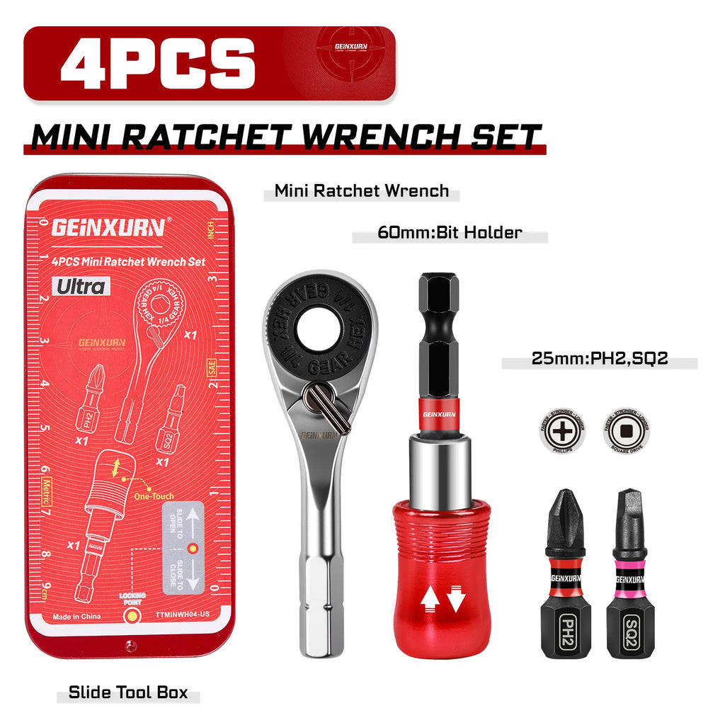 Geinxurn Mini Ratchet Screwdriver Set S2 Screwdriver Impact Magnetic Bit Holder 1/4 Wrench Push-Pull Case for Repair and DIY