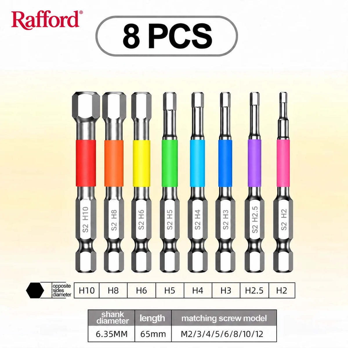 Rafford Rainbow Hex Head Allen Wrench Screwdriver Bit Set S2 Tungsten Steel Multi-Size Impact Quick Release for Electric Drill