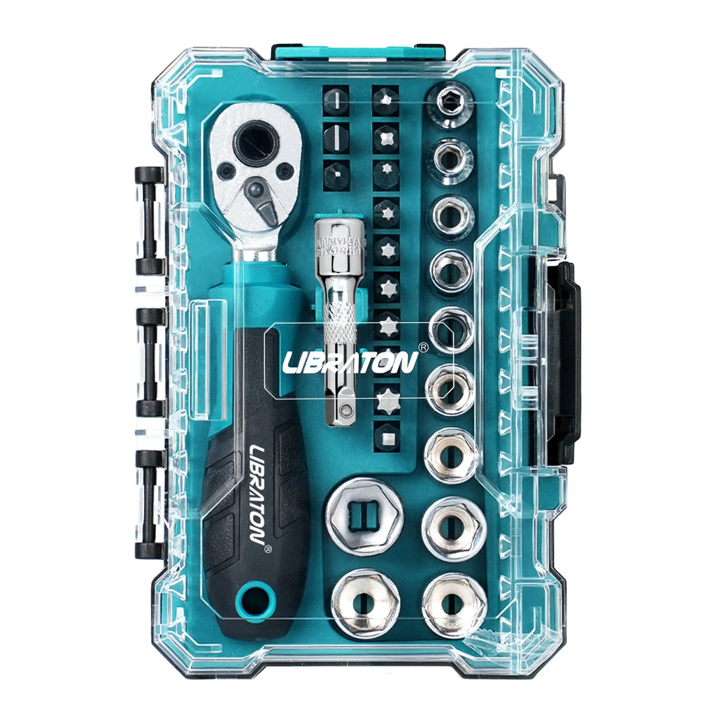 LIBRATON 26PCS 1/4 Dual-Drive Ratchet Wrench Set with Metric Shallow Sockets Screwdriver Bit Set Extension Bar for Auto Repair
