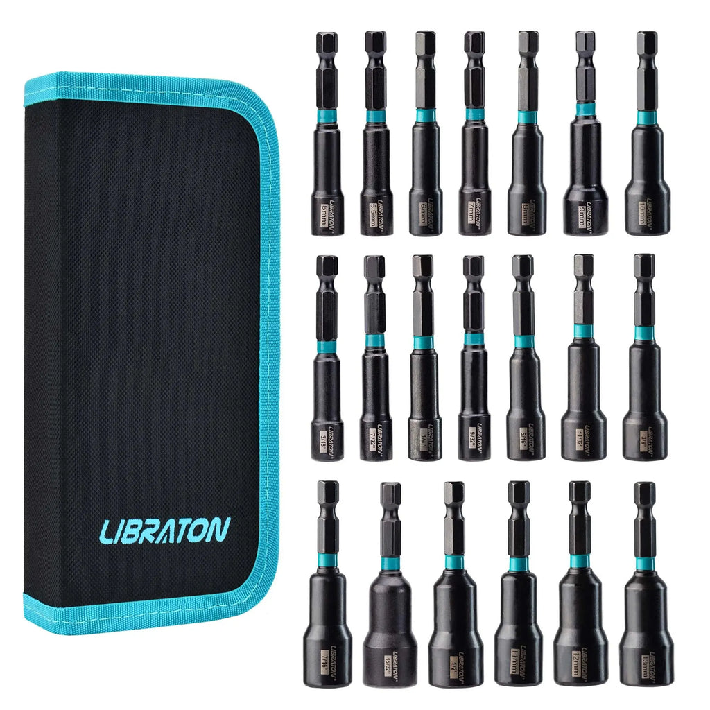 LIBRATON 20PCS Magnetic Nut Driver Set Impact Drill Driver Bit Set 1/4 Metric and SAE Nut Driver with Storage Bag Nut Drivers