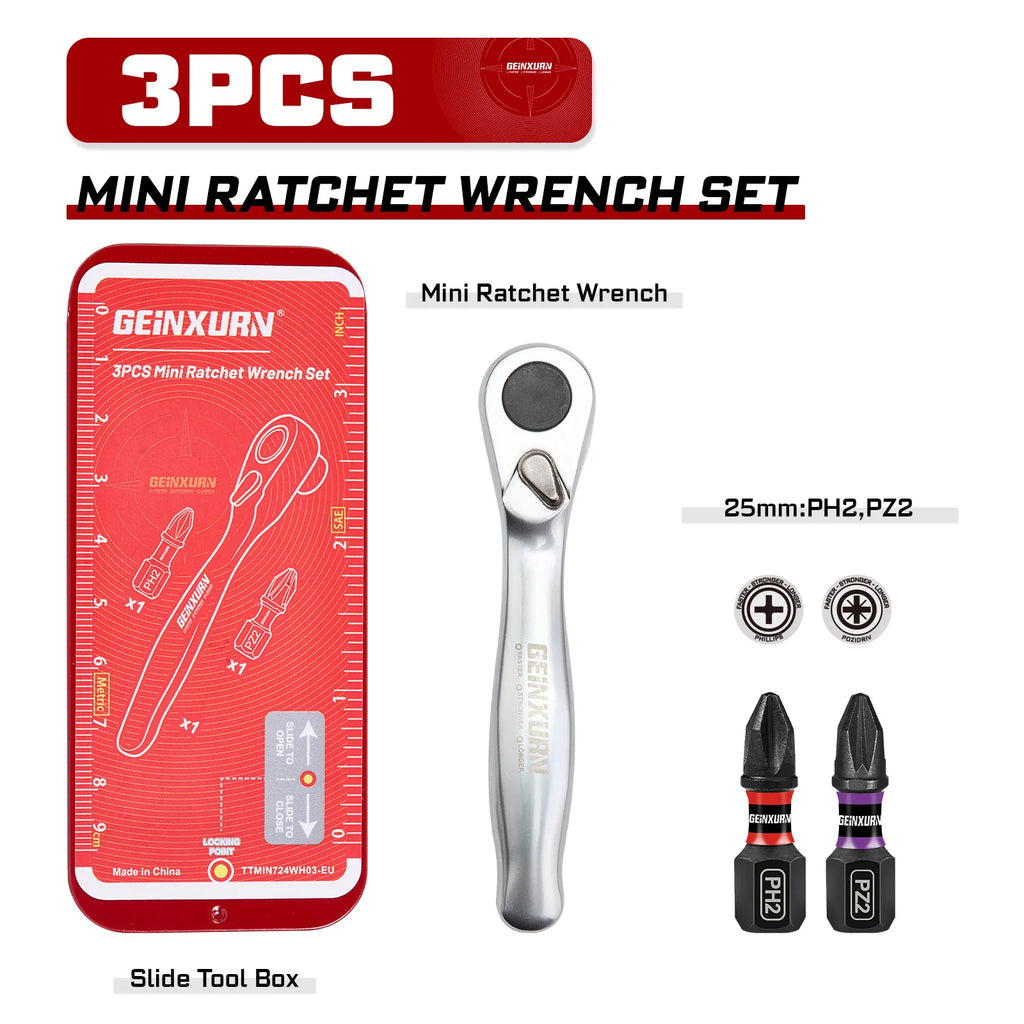 Geinxurn Mini Ratchet Screwdriver Set S2 Screwdriver Impact Magnetic Bit Holder 1/4 Wrench Push-Pull Case for Repair and DIY