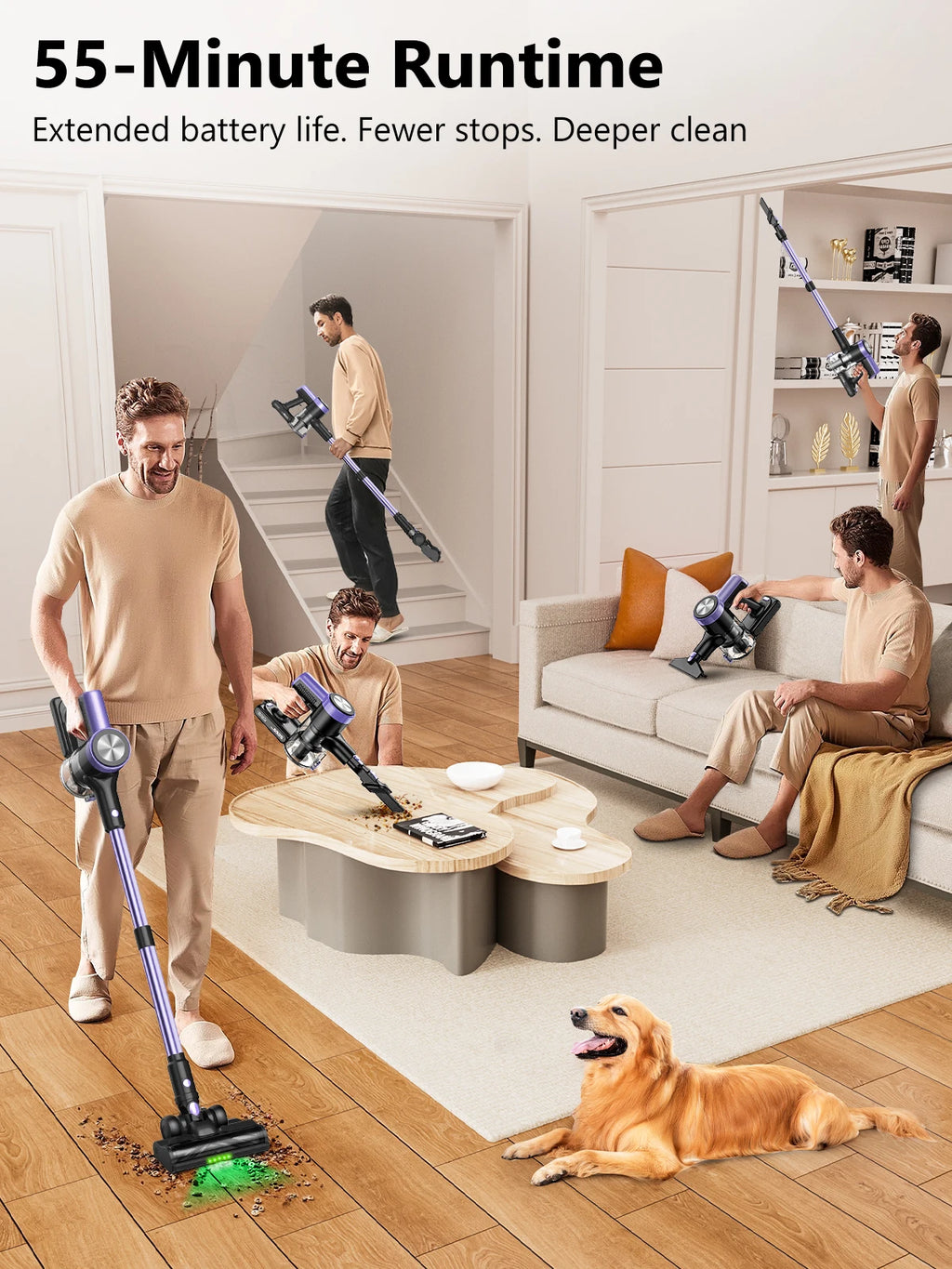 500W/55KPA Self-Standing Cordless Vacuum Cleaner 60 Mins Han