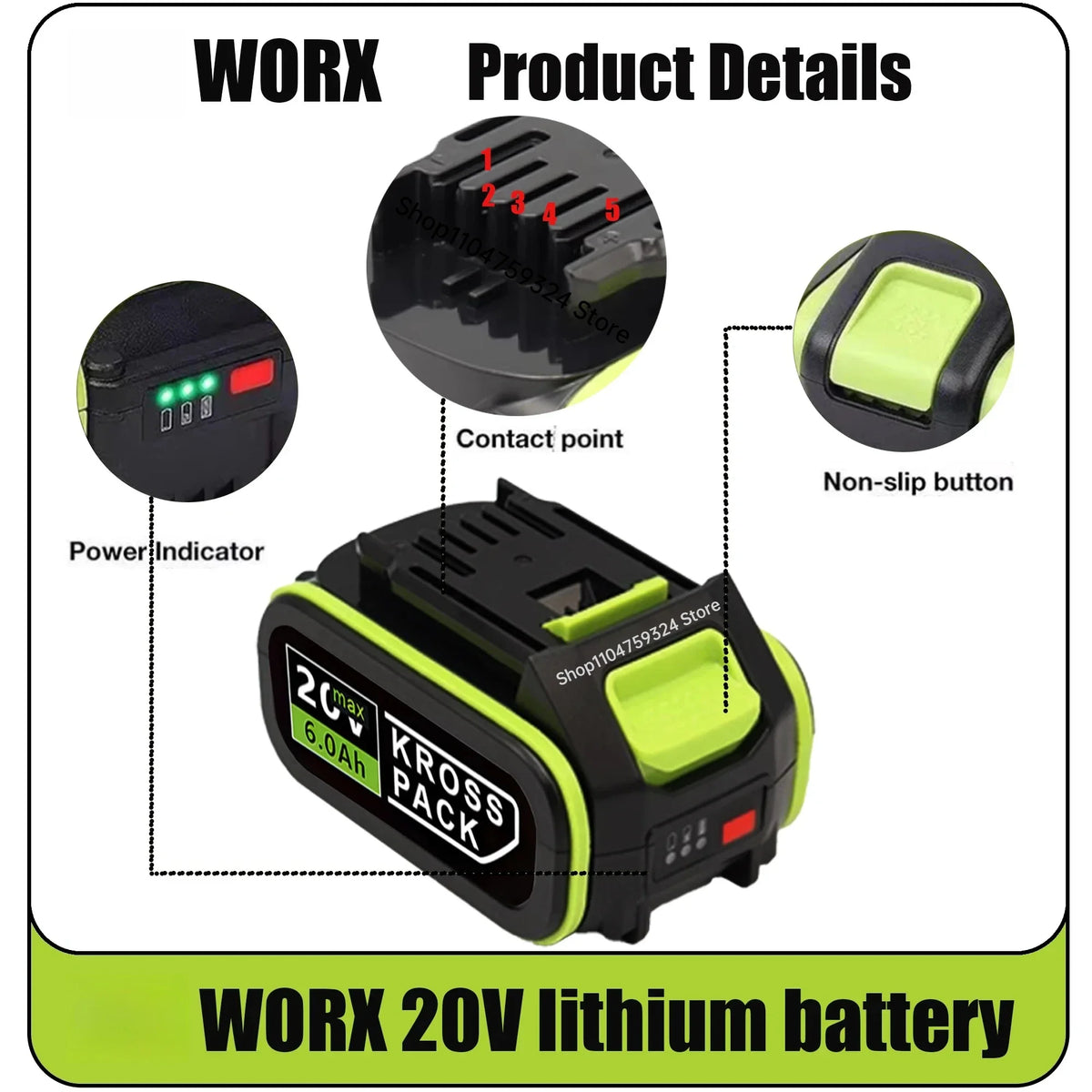 100% Orginal WORX Green 5-Pin Battery 20V 6.0 Ah/8.0 Ah Li-i