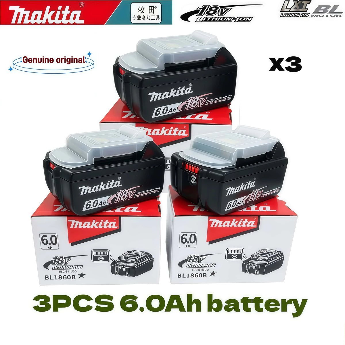 %Genuine 6AH Makita BL1860 6Ah Battery Power Tools Li-ion Replacement LXT BL1850 BL1840 for 18V Screwdriver with BMS 18V Battery