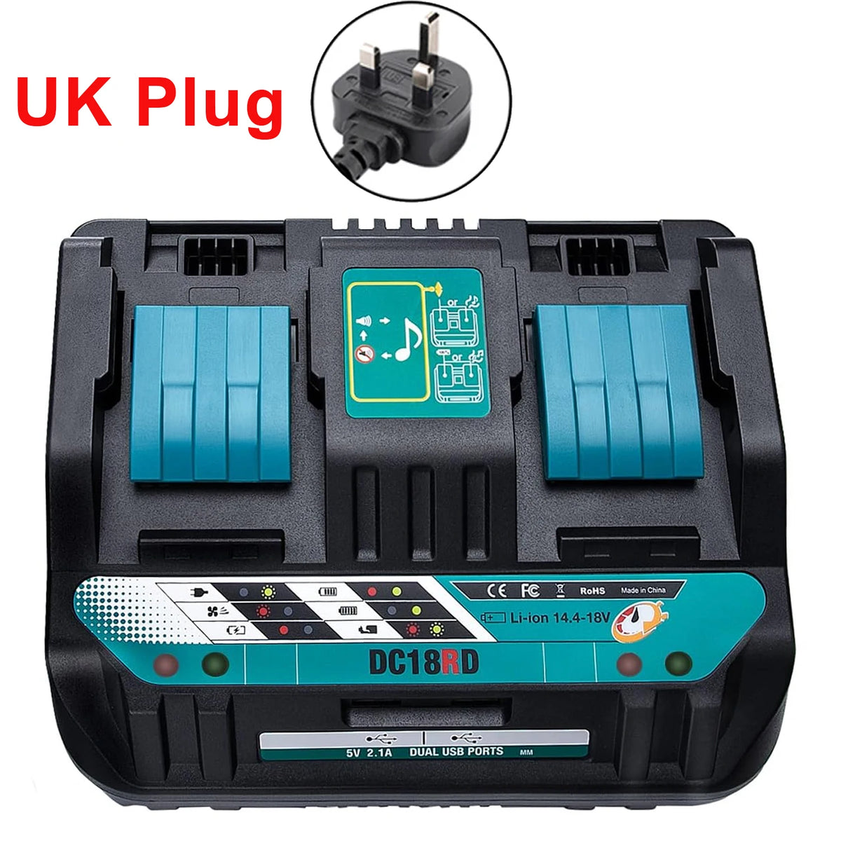 Dual Ports Lithium Battery Charger for Makita 14.4V-18V LXT Fast Charging Power Tool DC18RD