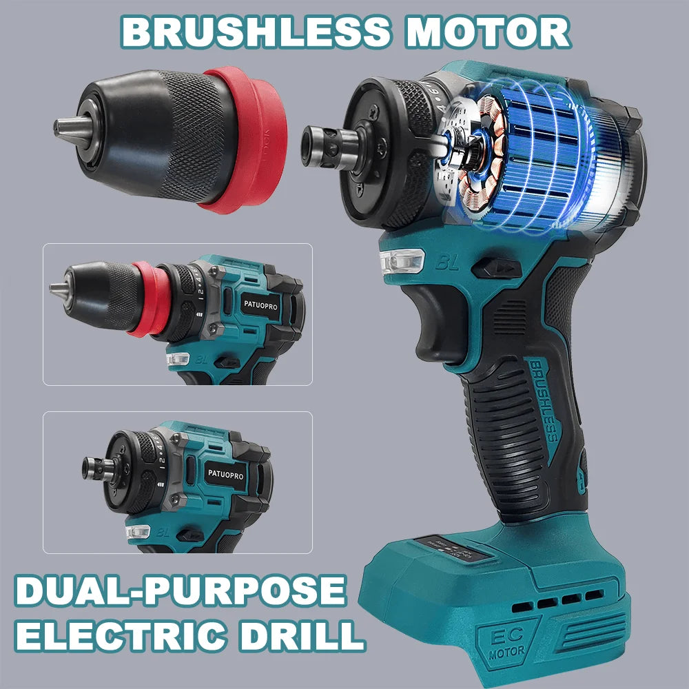 PATUOPRO 2 In 1 Cordless Electric Drill 10MM Chuck Brushless