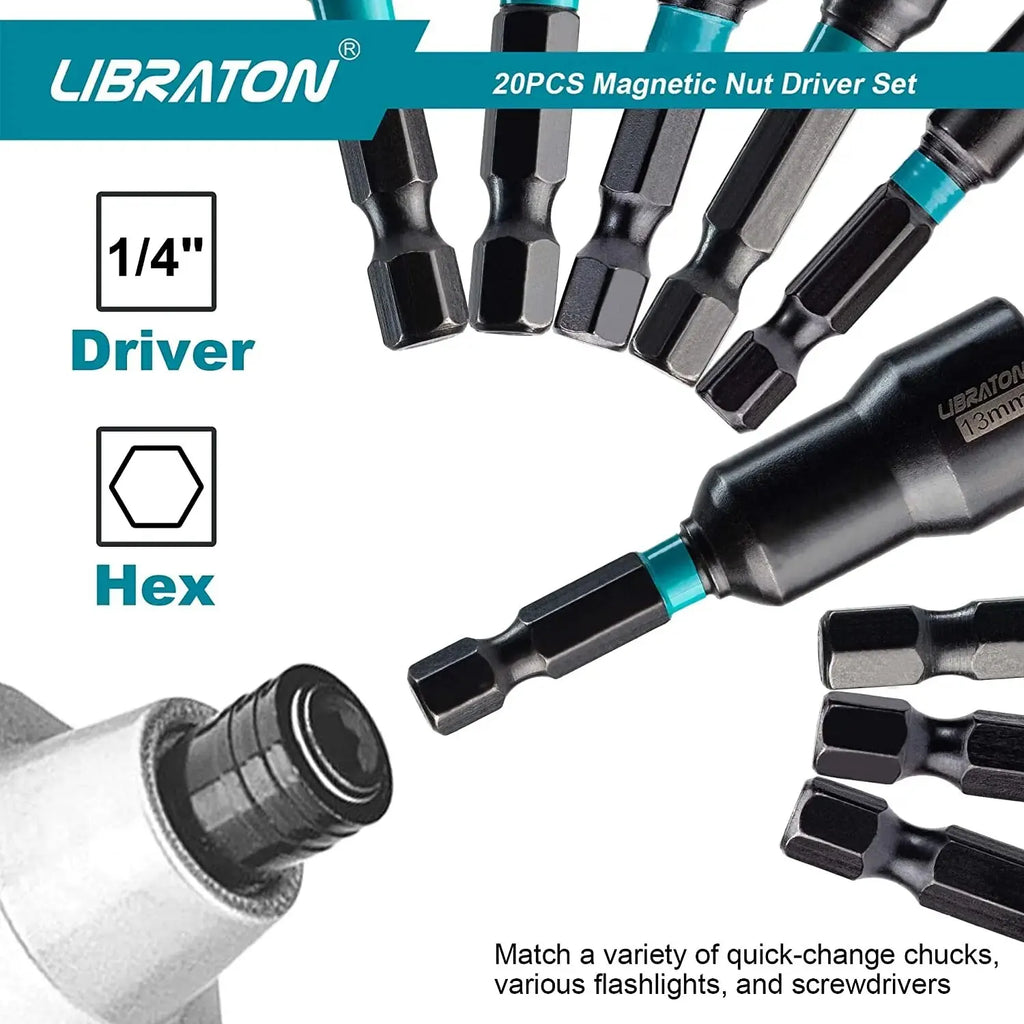 LIBRATON 20PCS Magnetic Nut Driver Set Impact Drill Driver B