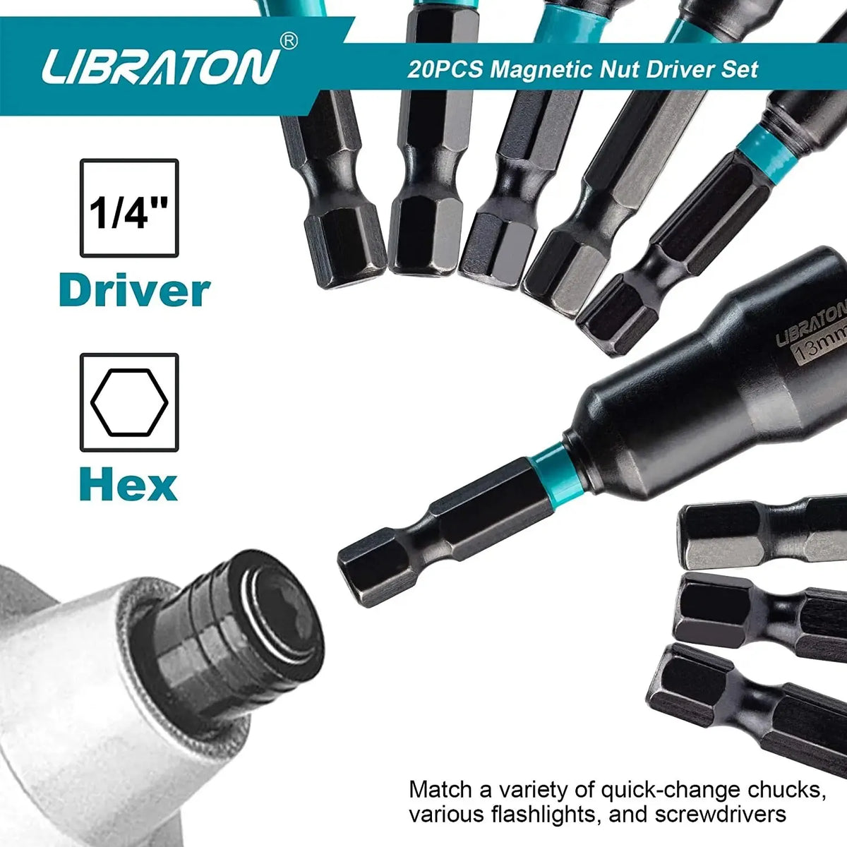 LIBRATON 20PCS Magnetic Nut Driver Set Impact Drill Driver B
