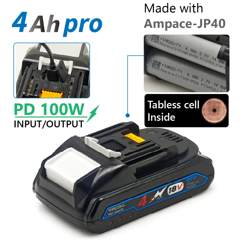 TPCELL PD100W 4/5Ah For MKT 18V 21700 Tabless cells Replacement Battery Power Tools Li-ion