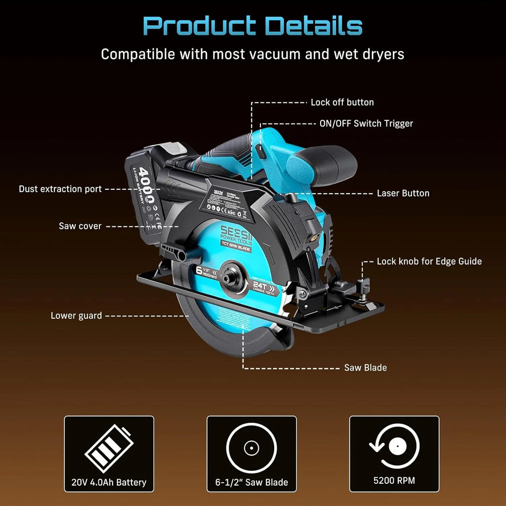 SEESII 6-1/2 Cordless Circular Saw 5200 RPM Electric Power S