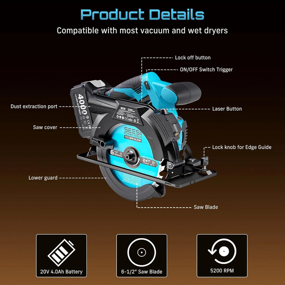 SEESII 6-1/2 Cordless Circular Saw 5200 RPM Electric Power S