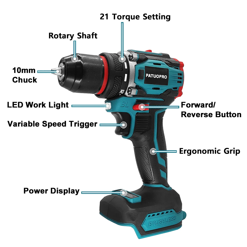 10mm Brushless 2-Speed Electric Drill Cordless Drill Screwdr