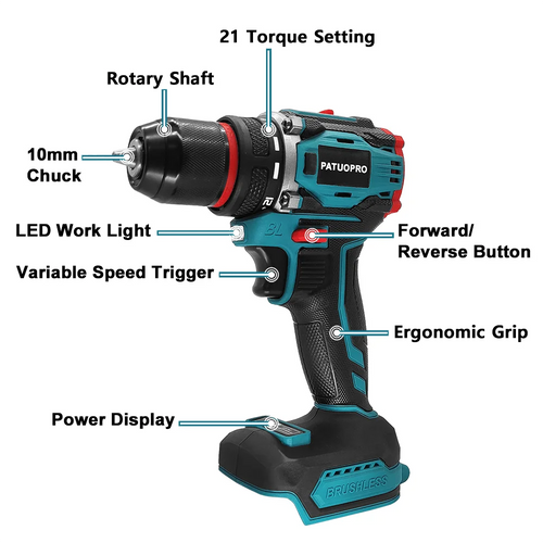 10mm Brushless 2-Speed Electric Drill Cordless Drill Screwdr