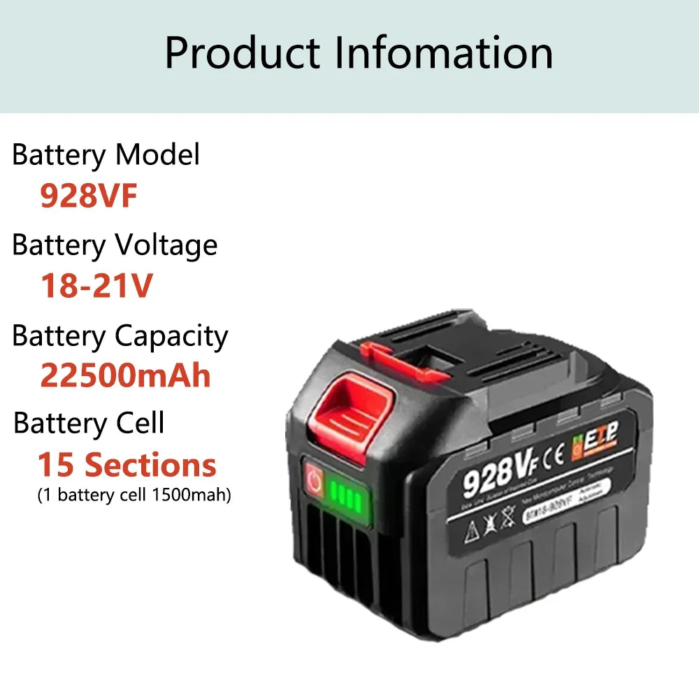 928VF Battery 18V 21V 22500mah Rechargeable Lithium Ion Batt