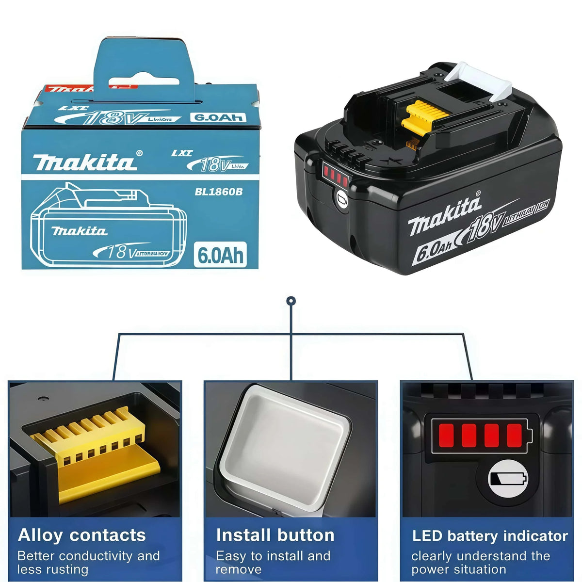 6Ah 100% Original Makita 18V Battery BL1860B Rechargeable Li