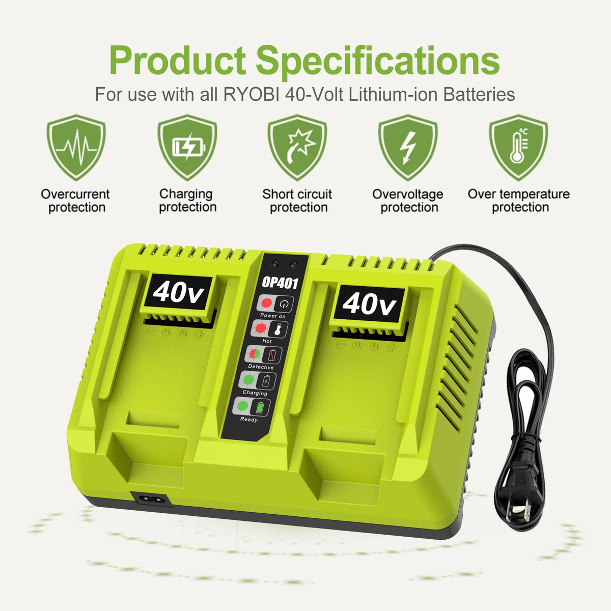 OP401 Dual Port Power Tool Battery Charger for Ryobi 40V OP4