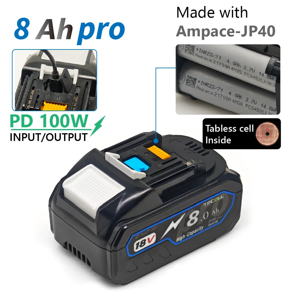 TPCELL PD100W 8Ah/10Ah For MAKITA 18V with USB-C Connector 21700 Tabless Cells Replacement Battery Power Tools Li-ion