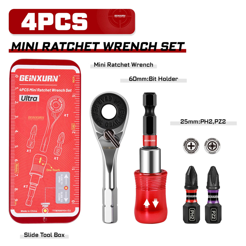 Geinxurn Mini Ratchet Screwdriver Set S2 Screwdriver Impact Magnetic Bit Holder 1/4 Wrench Push-Pull Case for Repair and DIY