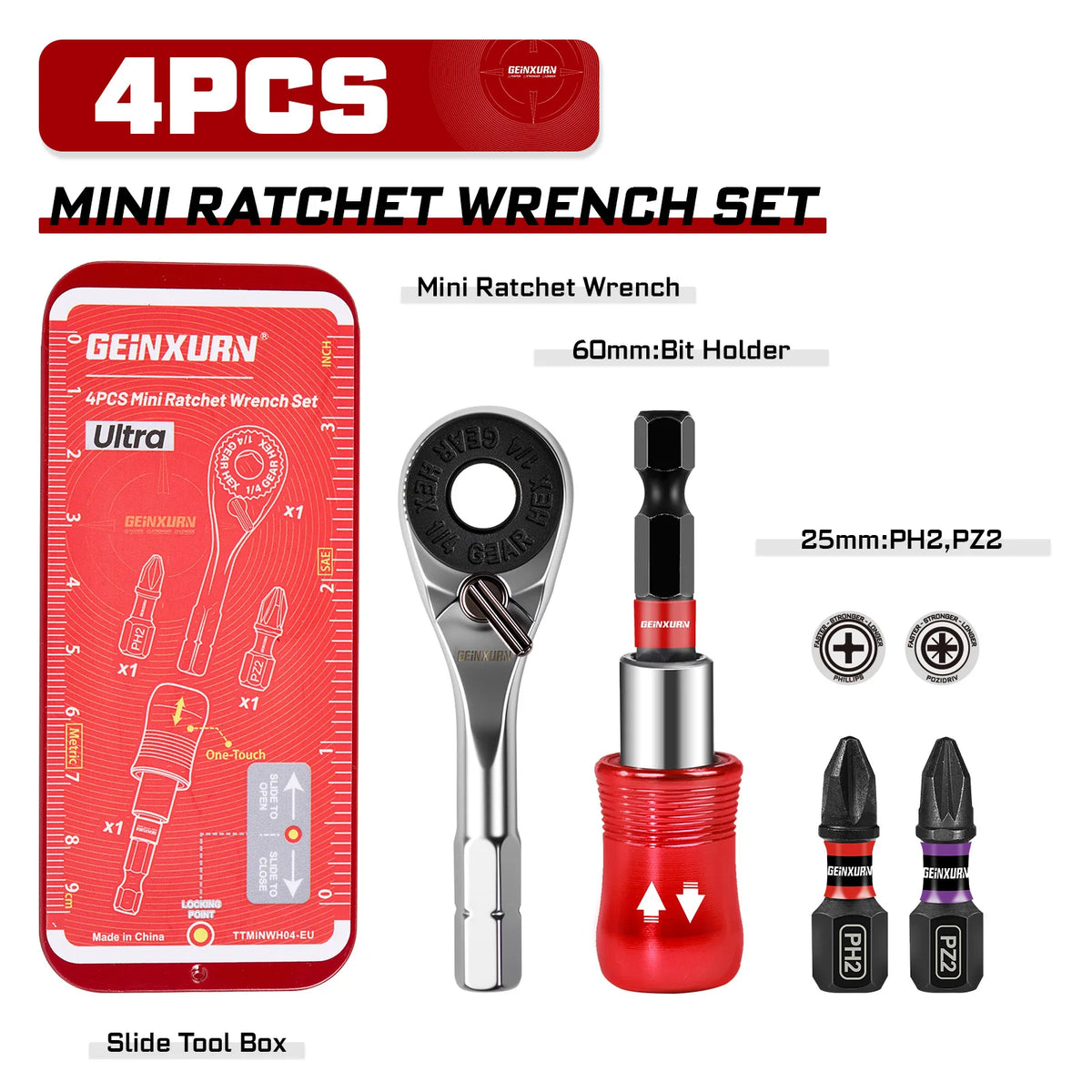 Geinxurn Mini Ratchet Screwdriver Set S2 Screwdriver Impact Magnetic Bit Holder 1/4 Wrench Push-Pull Case for Repair and DIY