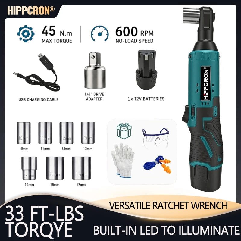 Hippcron 12V Cordless Electric Ratchet Wrench with 3/8 Ratch