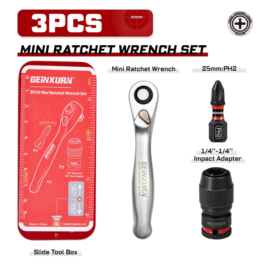 Geinxurn Mini Ratchet Screwdriver Set S2 Screwdriver Impact Magnetic Bit Holder 1/4 Wrench Push-Pull Case for Repair and DIY