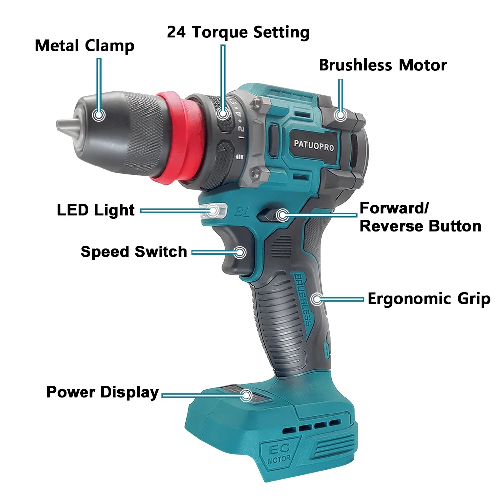 PATUOPRO 2 In 1 Cordless Electric Drill 10MM Chuck Brushless