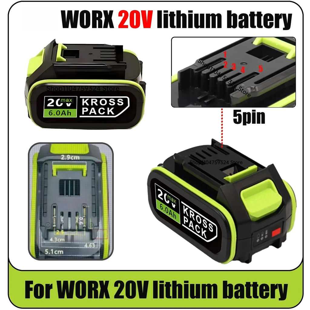 100% Orginal WORX Green 5-Pin Battery 20V 6.0 Ah/8.0 Ah Li-i