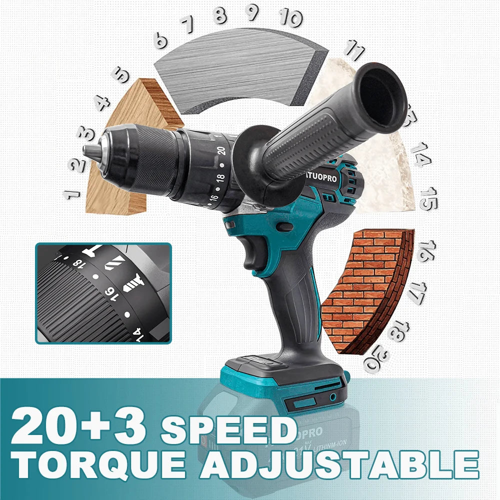 PATUOPRO 13MM Brushless Electric Impact Drill 20+3 Torque Se