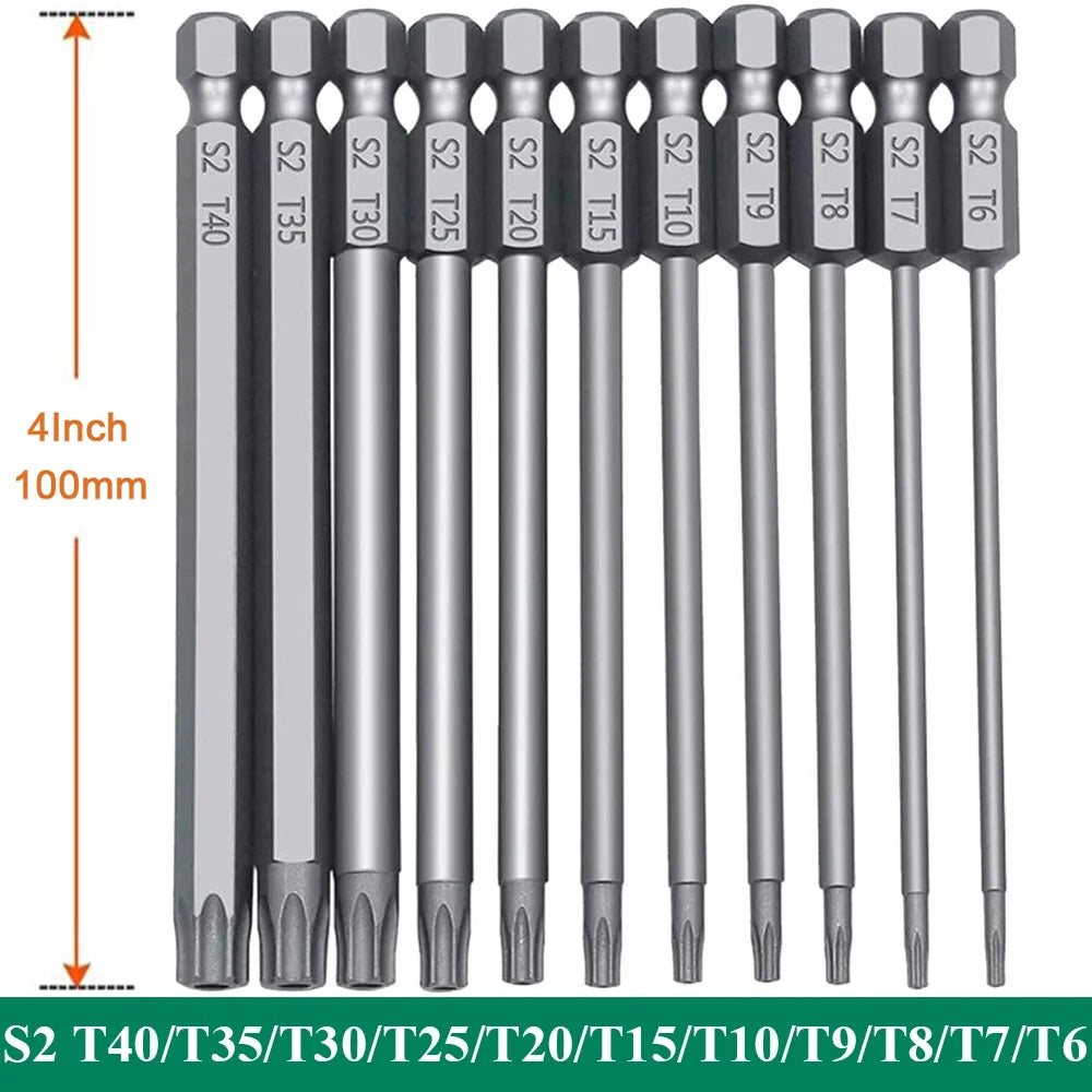 11PCS Torx Head Screwdriver Bit Set Magnetic 1/4 Hex Shank S2 Steel 3 Inch Long Drill Bits Security Torx Bits T6-T40 50/100mm