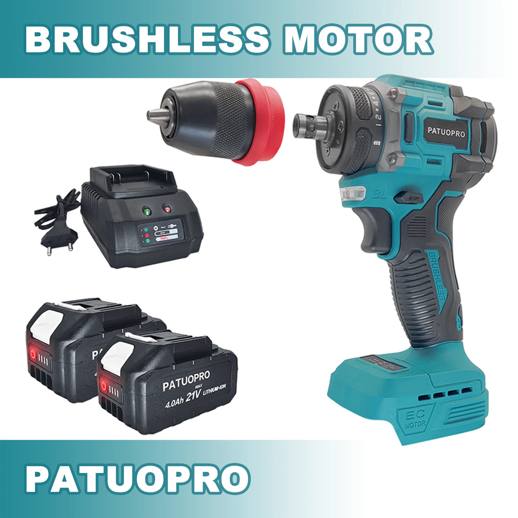 PATUOPRO 2 In 1 Cordless Electric Drill 10MM Chuck Brushless
