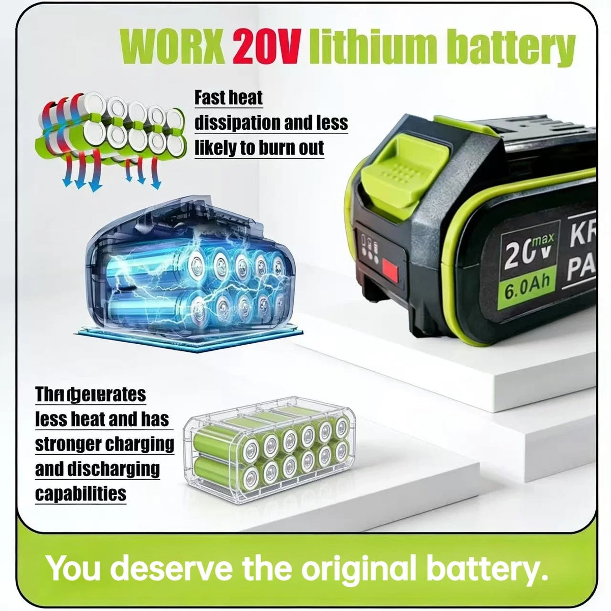 100% Orginal WORX Green 5-Pin Battery 20V 6.0 Ah/8.0 Ah Li-i