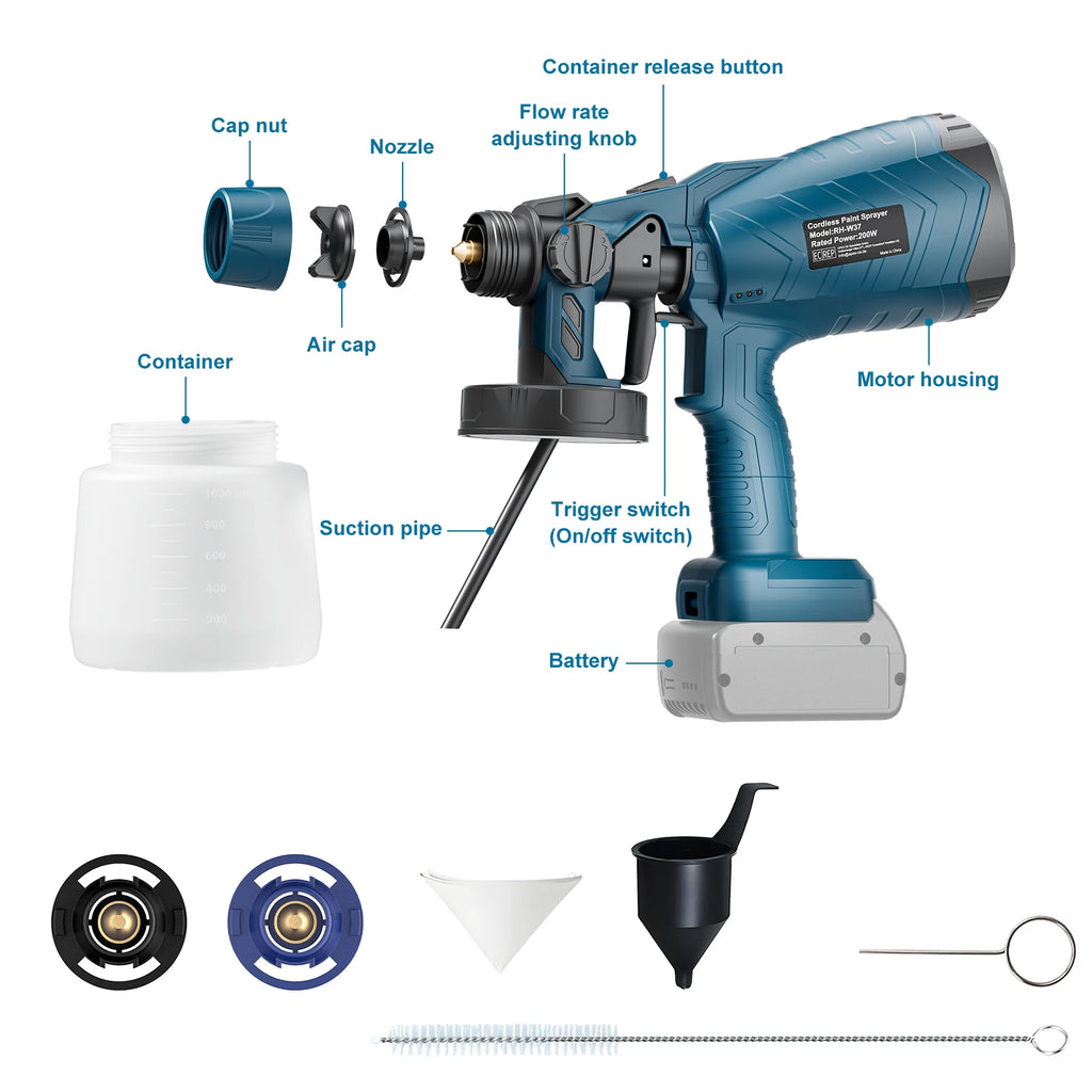 1000ML Cordless Spray Gun For Bosch BAT618 18V Battery Elect