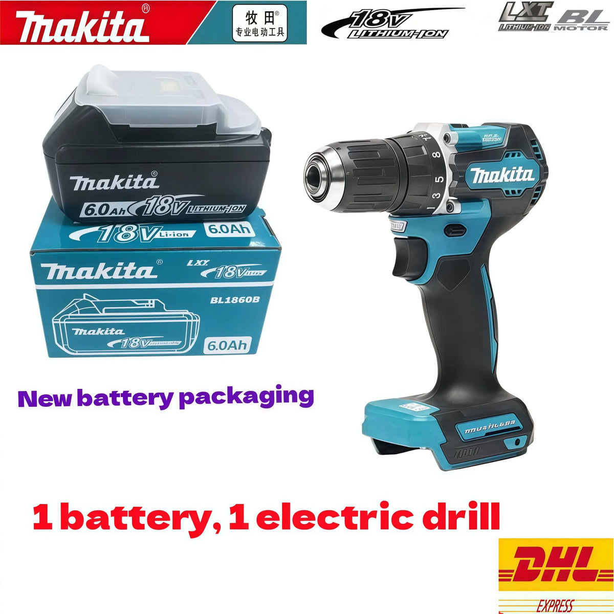 Original Makita 18V Battery 6.0Ah Rechargeable Lithium Rib Battery Replace Makita L1840B L1850B L1860B Power Tool Battery