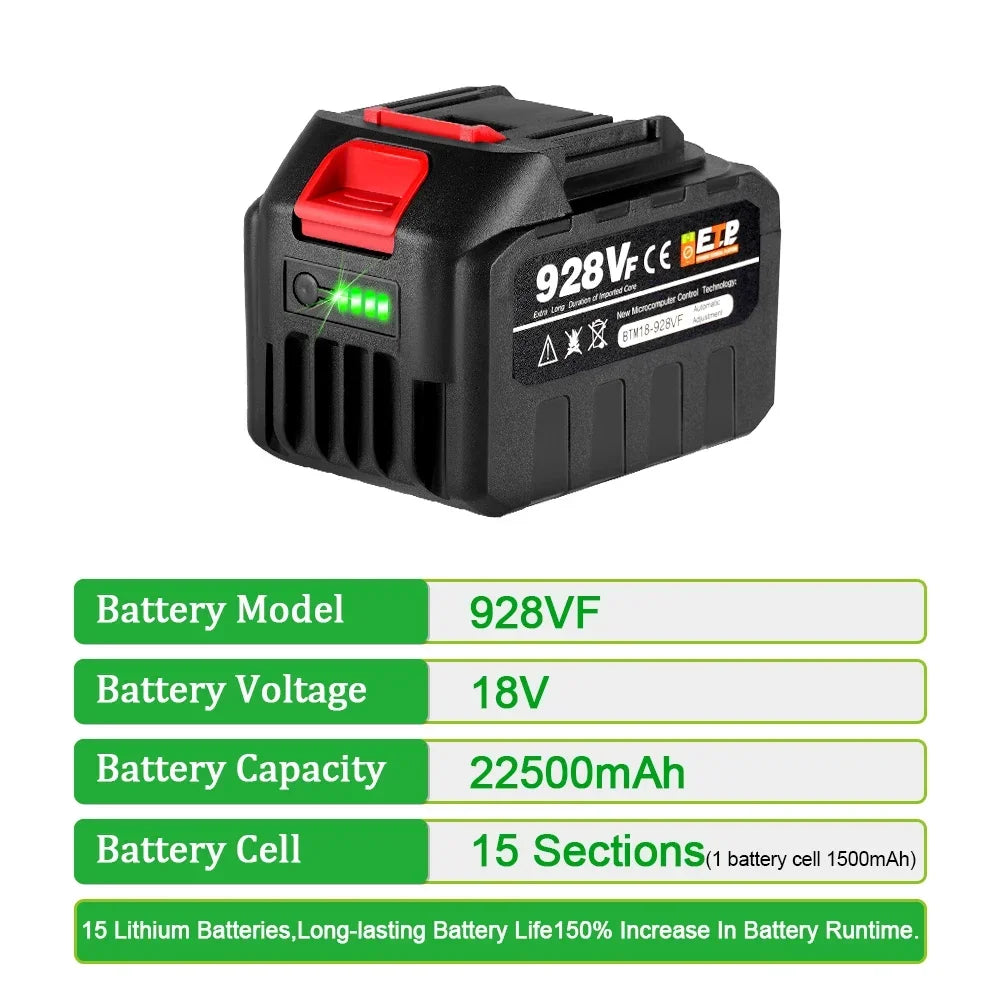 928VF 18V 22500mAh Large Capacity Rechargeable Lithium Ion B