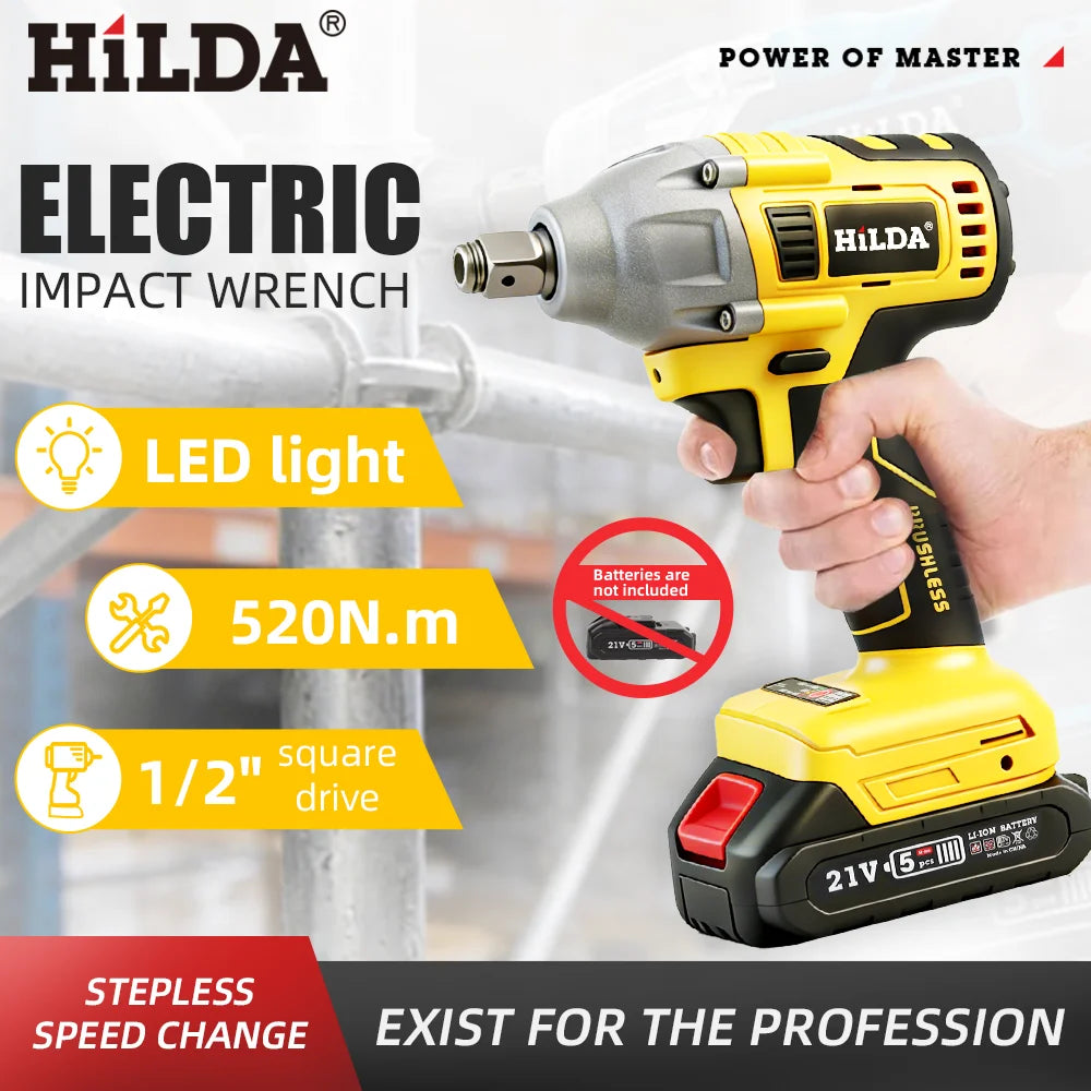 HILDA 1/2 Inch Brushless Impact Wrench LED Light Wrench Port