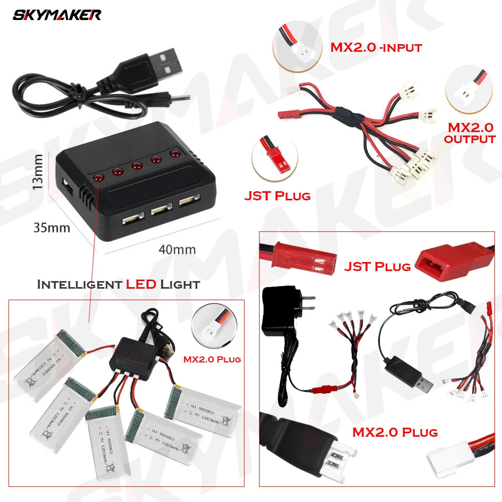 Lipo Battery 1s 3.7v USB Charger Cable JST MX2.0 SM-2P For S