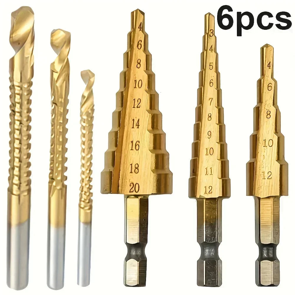 6Pcs Step Saw Drill Bit Set HSS Titanium Drill Bits Kit for 