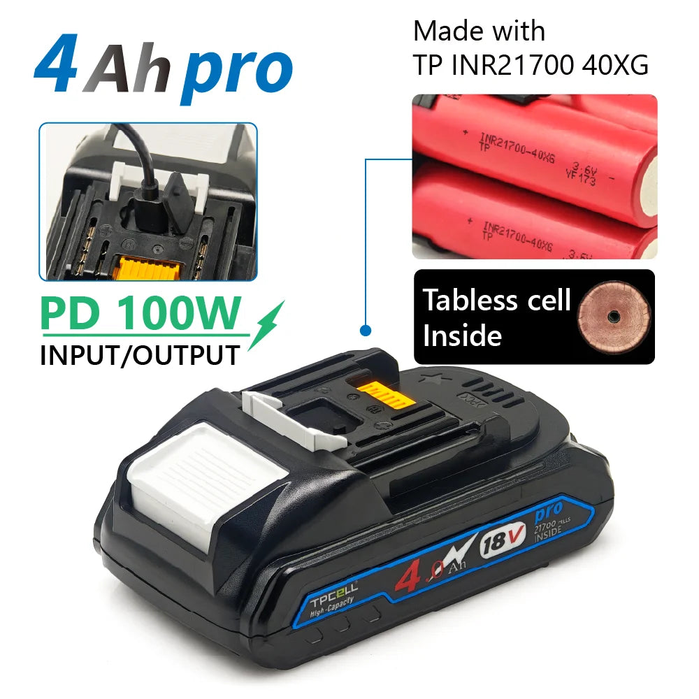 TPCELL PD100W 4/5Ah For MKT 18V 21700 Tabless cells Replacement Battery Power Tools Li-ion