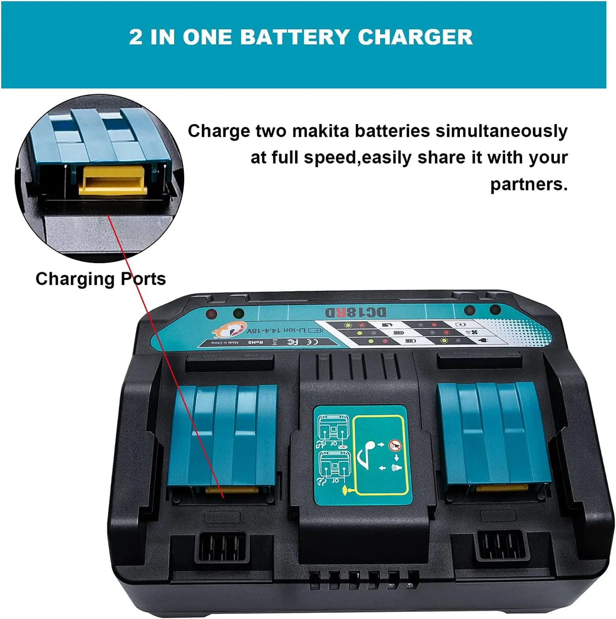 Dual Ports Lithium Battery Charger for Makita 14.4V-18V LXT 