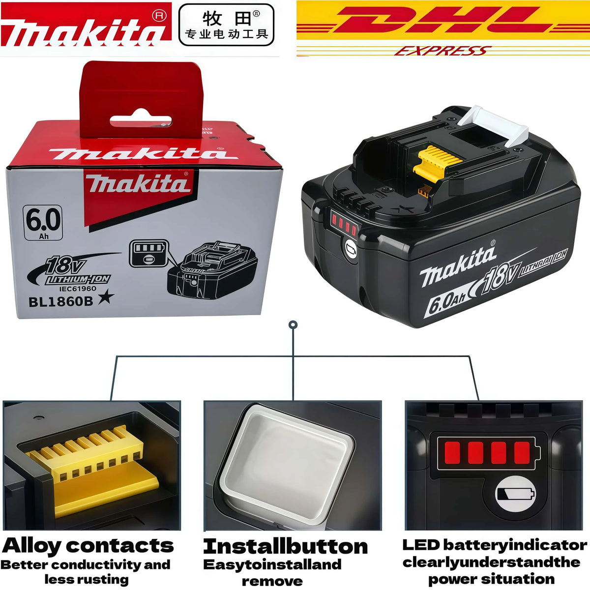 100% Genuine Makita Rechargeable 18V Battery Makita 6000mAh 