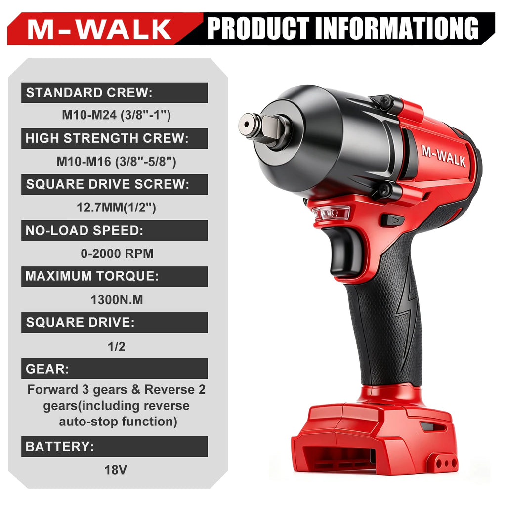 M-WALK 1/2 Brushless Impact Wrench 1300Nm High Torque Electr