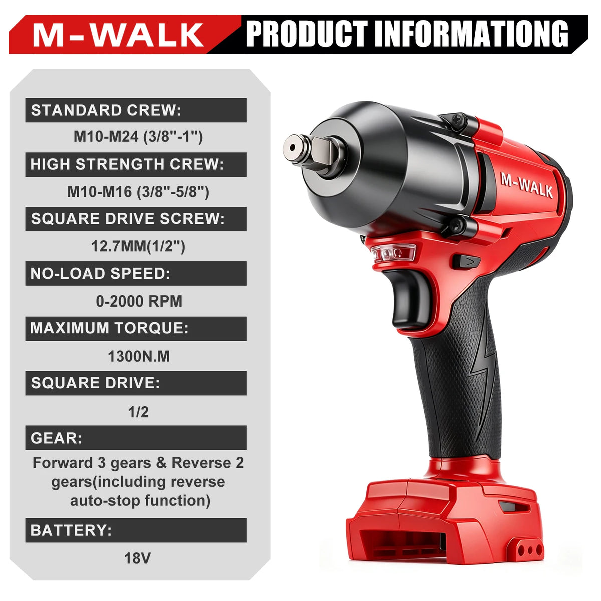 M-WALK 1/2 Brushless Impact Wrench 1300Nm High Torque Electr