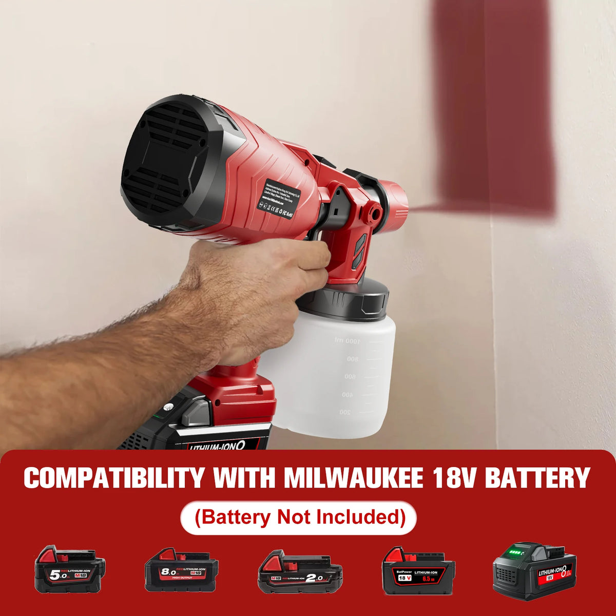 1000ML Cordless Spray Gun For Milwaukee 18V Battery Electric