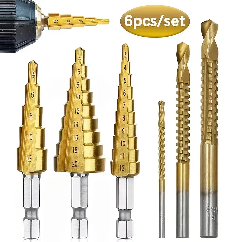 6Pcs Step Saw Drill Bit Set HSS Titanium Drill Bits Kit for 